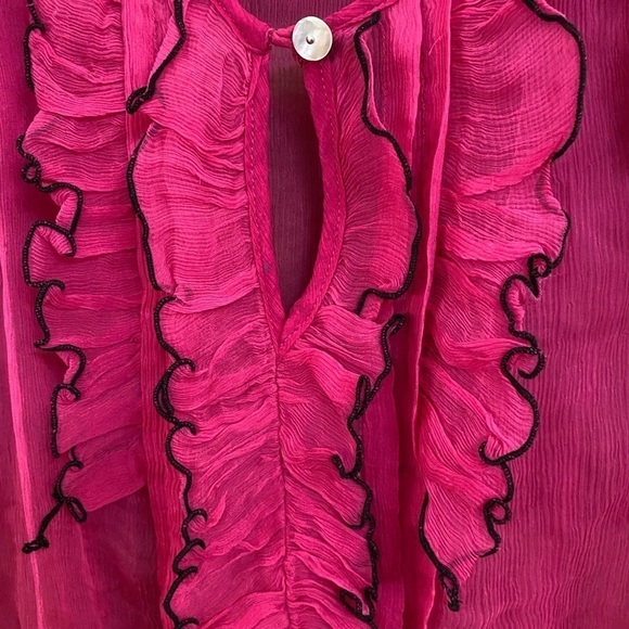 NWT Daniel Rainn pink “tuxedo” like blouse w/ black trimmed ruffles. Sheer.small - Picture 2 of 7
